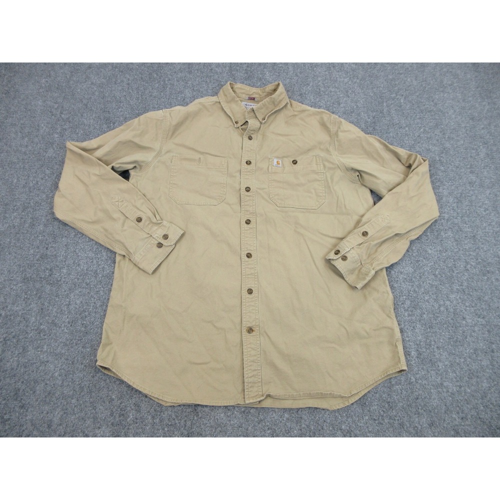 Carhartt Shirt Mens XLT Beige Canvas Stretch Long Sleeve Button Front Workwear